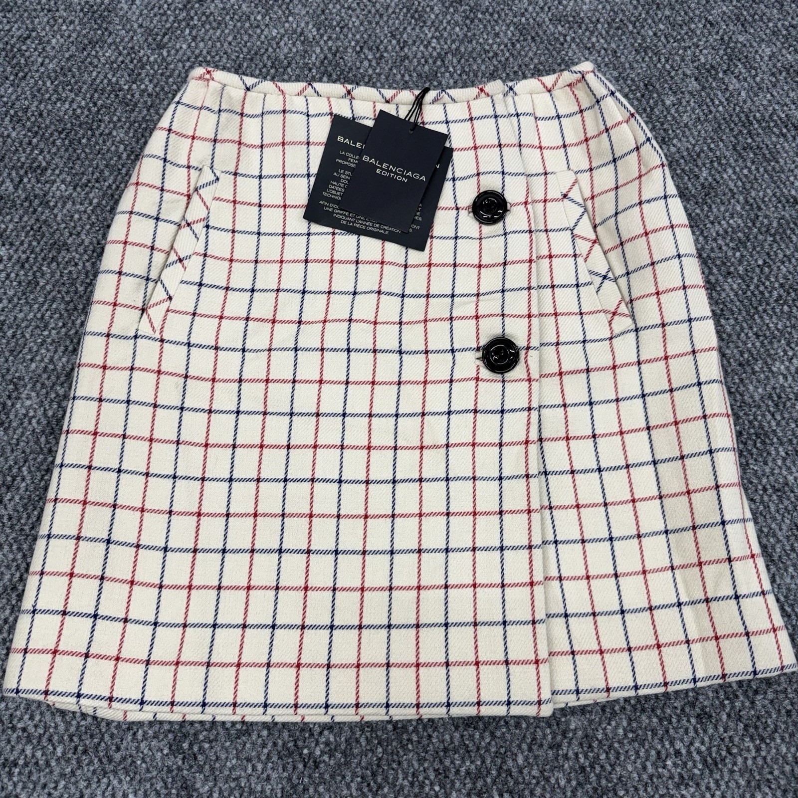 Balenciaga Edition Size 38 Plaid Wool Wrap Mini Skirt Cream Red Blue Check